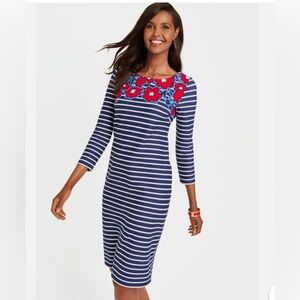 Talbots Navy Blue White Strped Pink Floral Long Sleeve Sheath Dress Size 1X